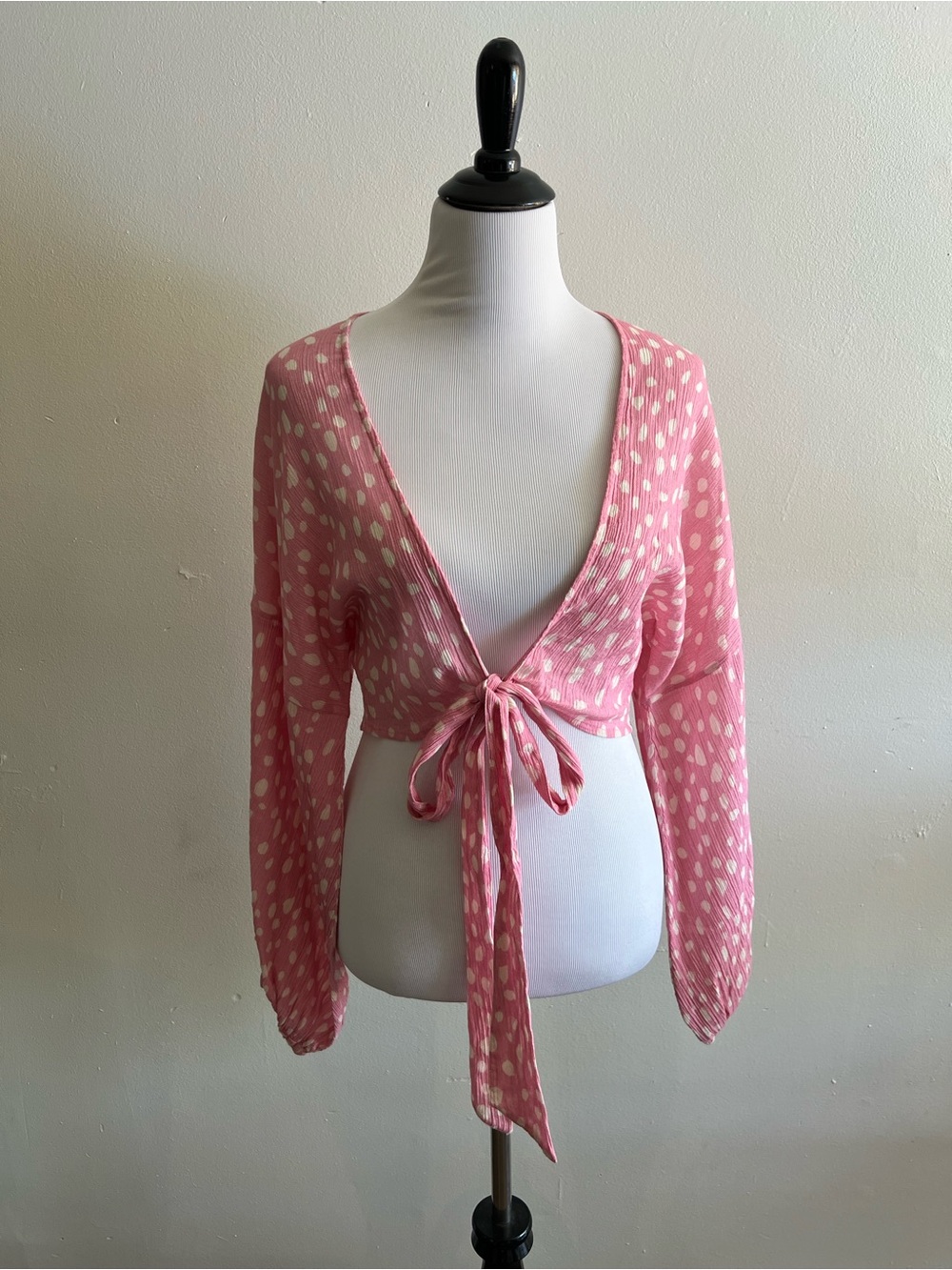Anthropologie Pink White Polka-Print Tie-Front Crop Top